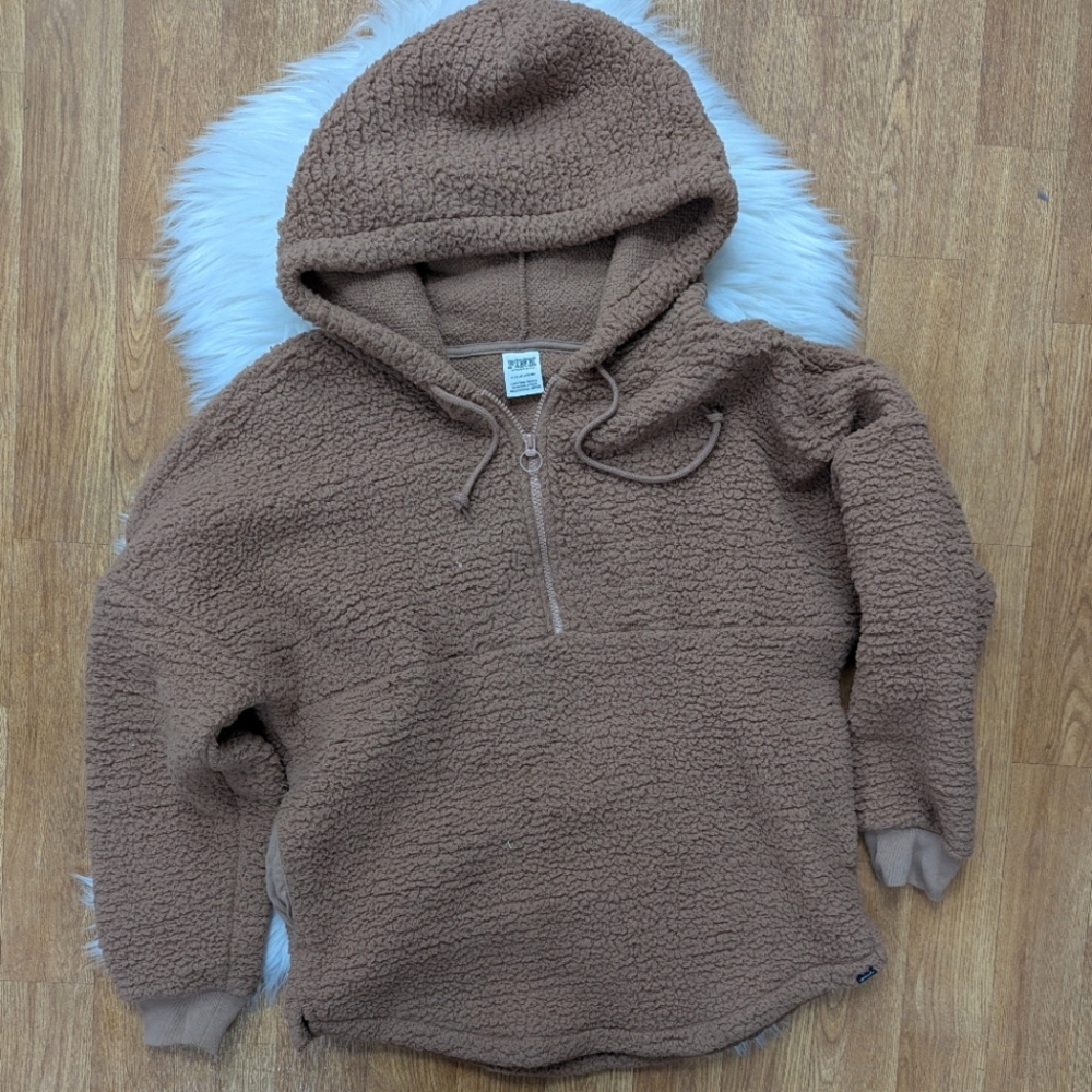 PINK Victoria's Secret Pull Over Partial Zip Sherpa Hoodie Brown